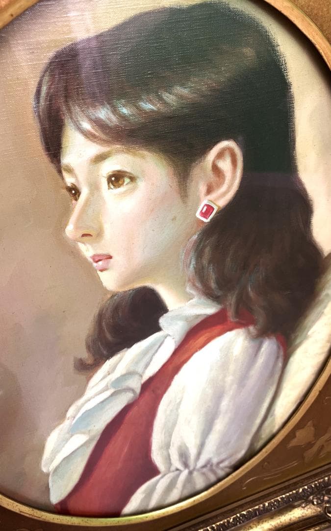 鶴村義美『白いブラウス』油彩画　丸額　希少