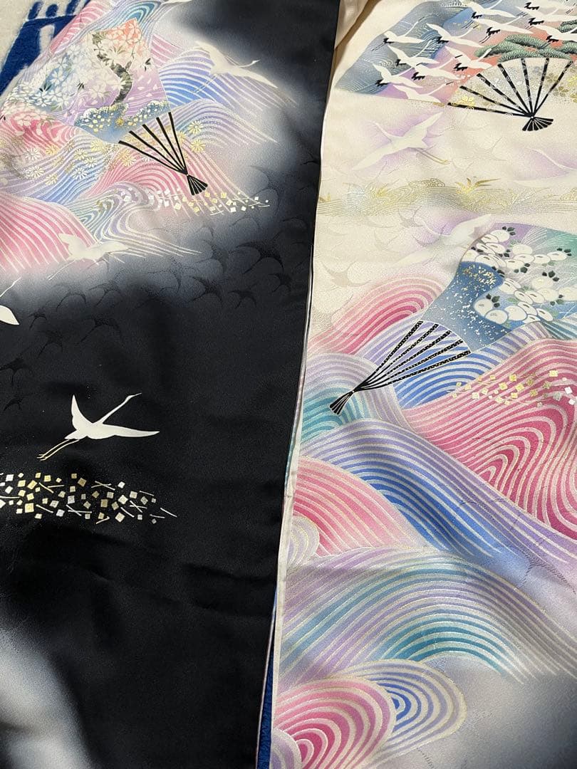 振袖セット正絹本加工青波扇子と鶴アンティークレトロな振袖作家落款有　トールサイズ