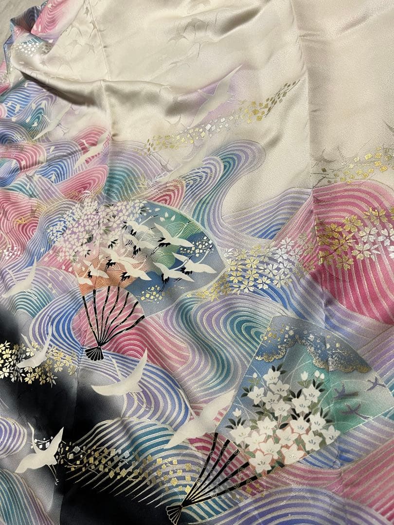 振袖セット正絹本加工青波扇子と鶴アンティークレトロな振袖作家落款有　トールサイズ