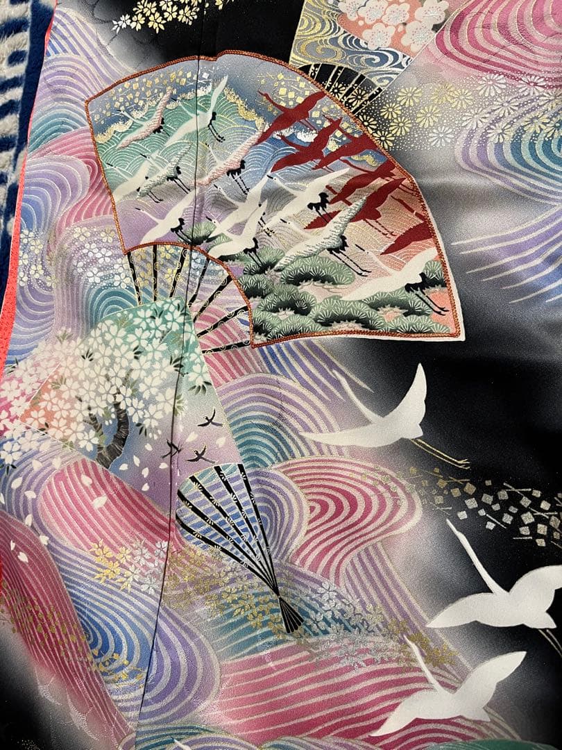 振袖セット正絹本加工青波扇子と鶴アンティークレトロな振袖作家落款有　トールサイズ