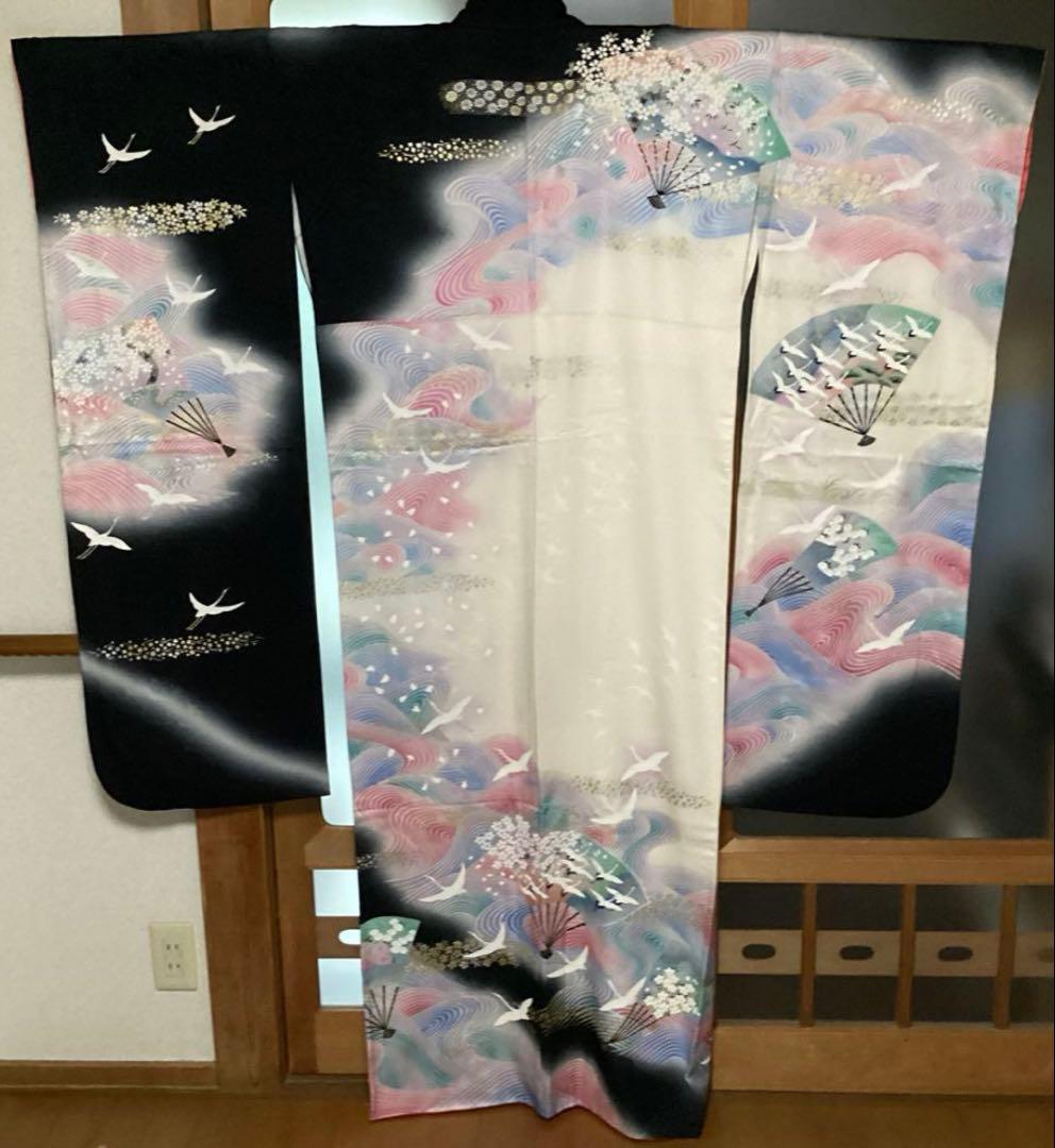 振袖セット正絹本加工青波扇子と鶴アンティークレトロな振袖作家落款有　トールサイズ