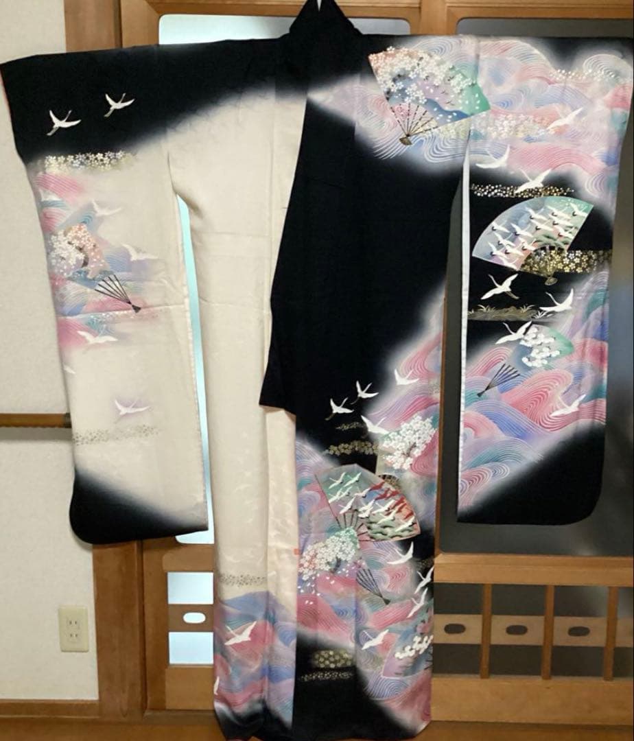 振袖セット正絹本加工青波扇子と鶴アンティークレトロな振袖作家落款有　トールサイズ