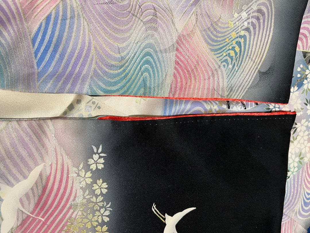 振袖セット正絹本加工青波扇子と鶴アンティークレトロな振袖作家落款有　トールサイズ