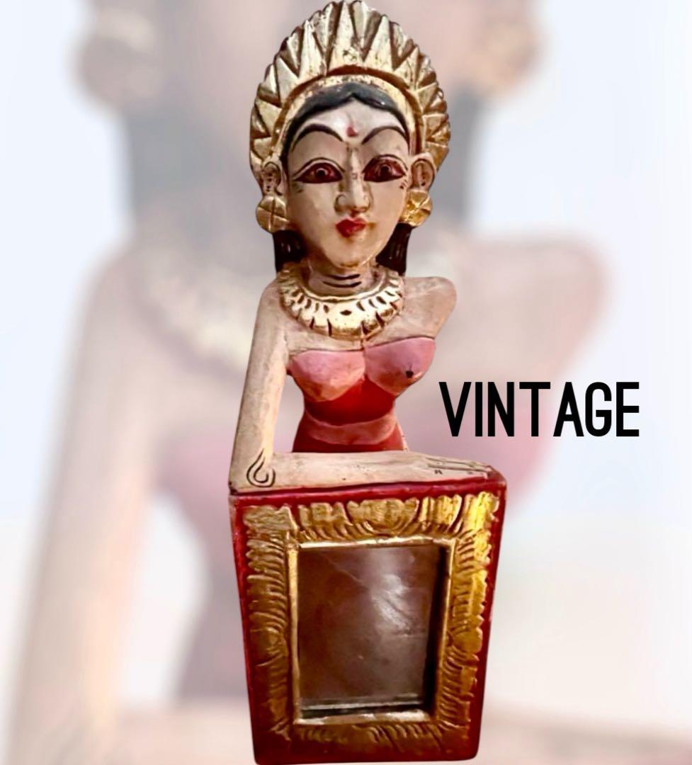 ヴィンテージ インド木製女性像 鏡付き フォークアート Vintage