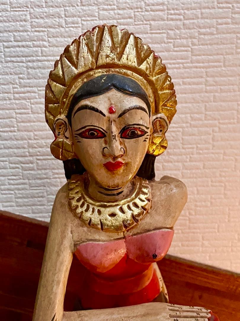 ヴィンテージ インド木製女性像 鏡付き フォークアート Vintage