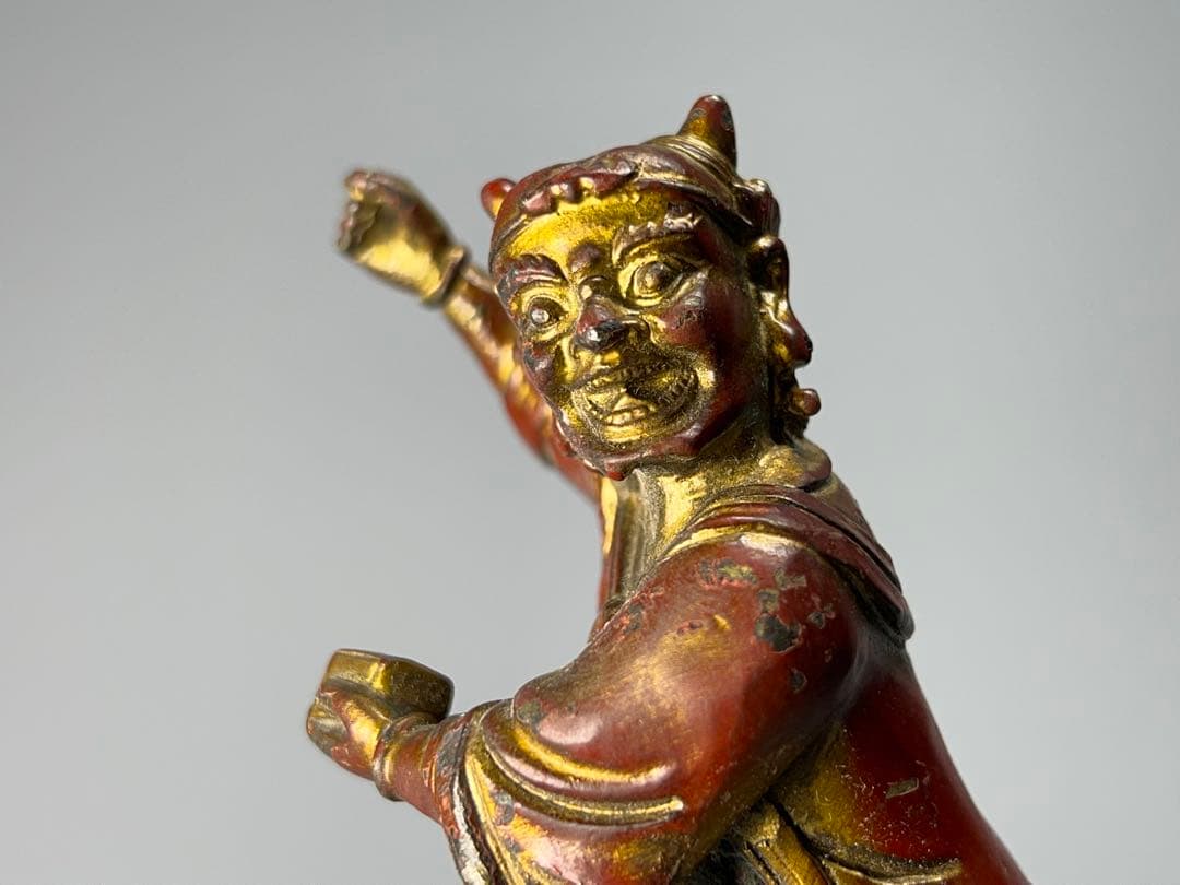 時代物　銅胎　漆器　朱漆金箔　魁星点斗 独立鰲頭（学業有成）置物　縁起物　中国