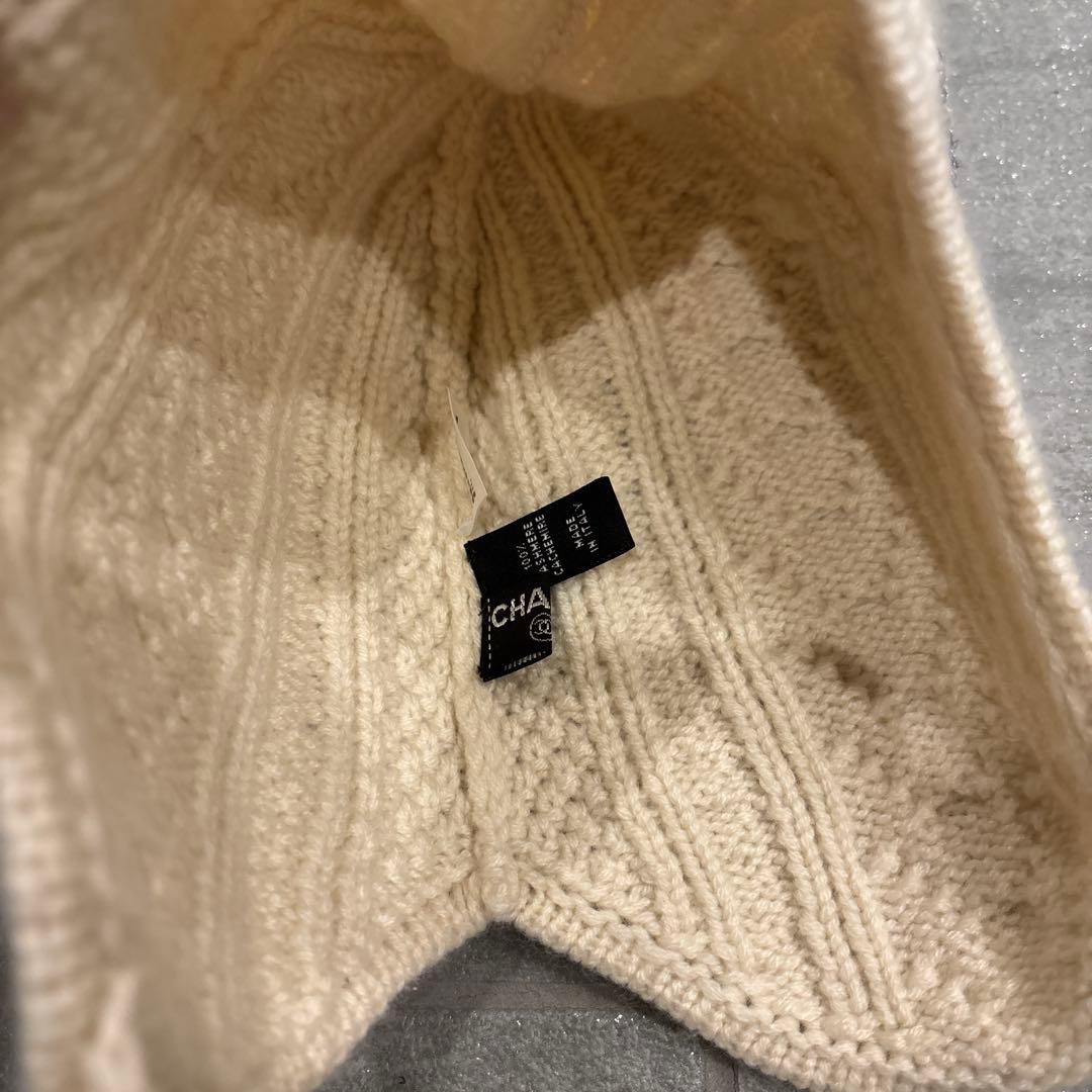 CHANEL アイボリー ニット帽 ケーブル編み