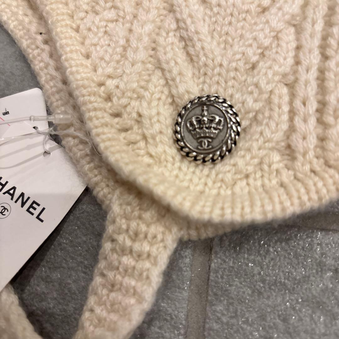 CHANEL アイボリー ニット帽 ケーブル編み