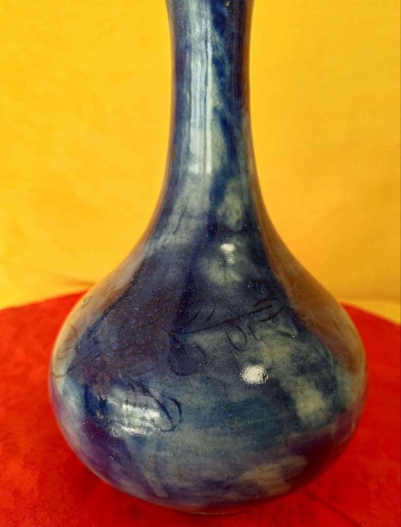 李朝瑠璃釉刻花紋 朝鮮古陶磁器 朝鮮美術 一輪挿 花器 金継ぎ 16㌢ 木箱入