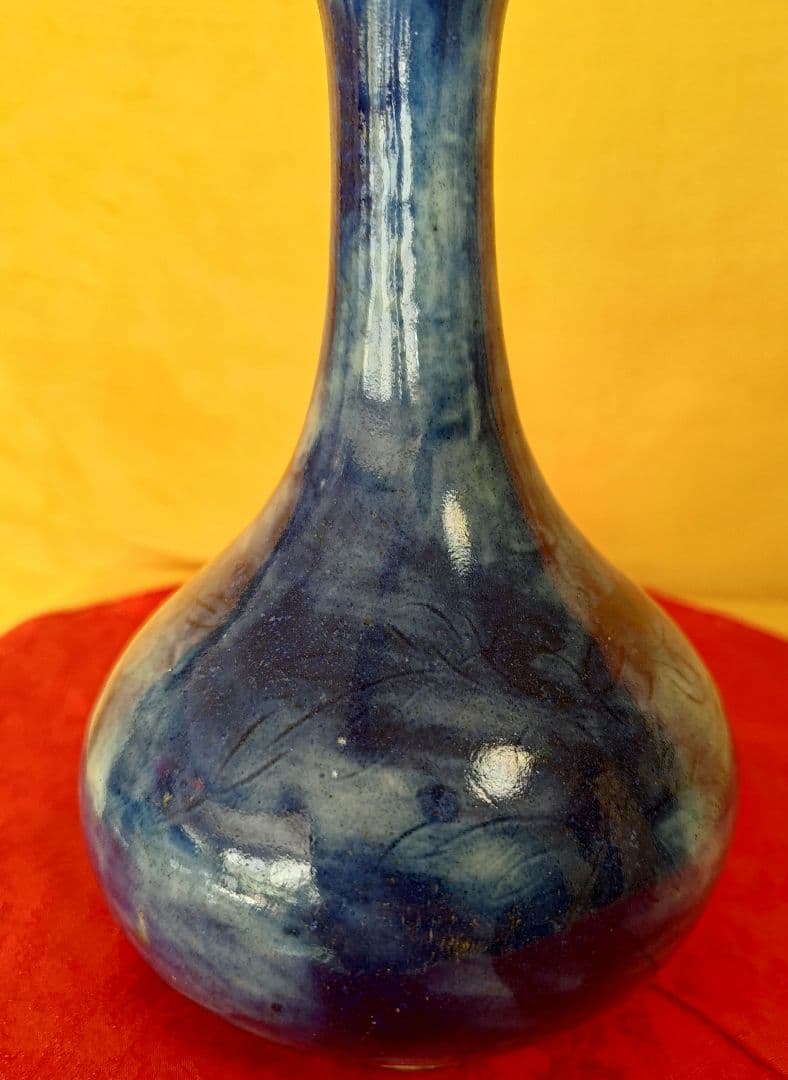 李朝瑠璃釉刻花紋 朝鮮古陶磁器 朝鮮美術 一輪挿 花器 金継ぎ 16㌢ 木箱入