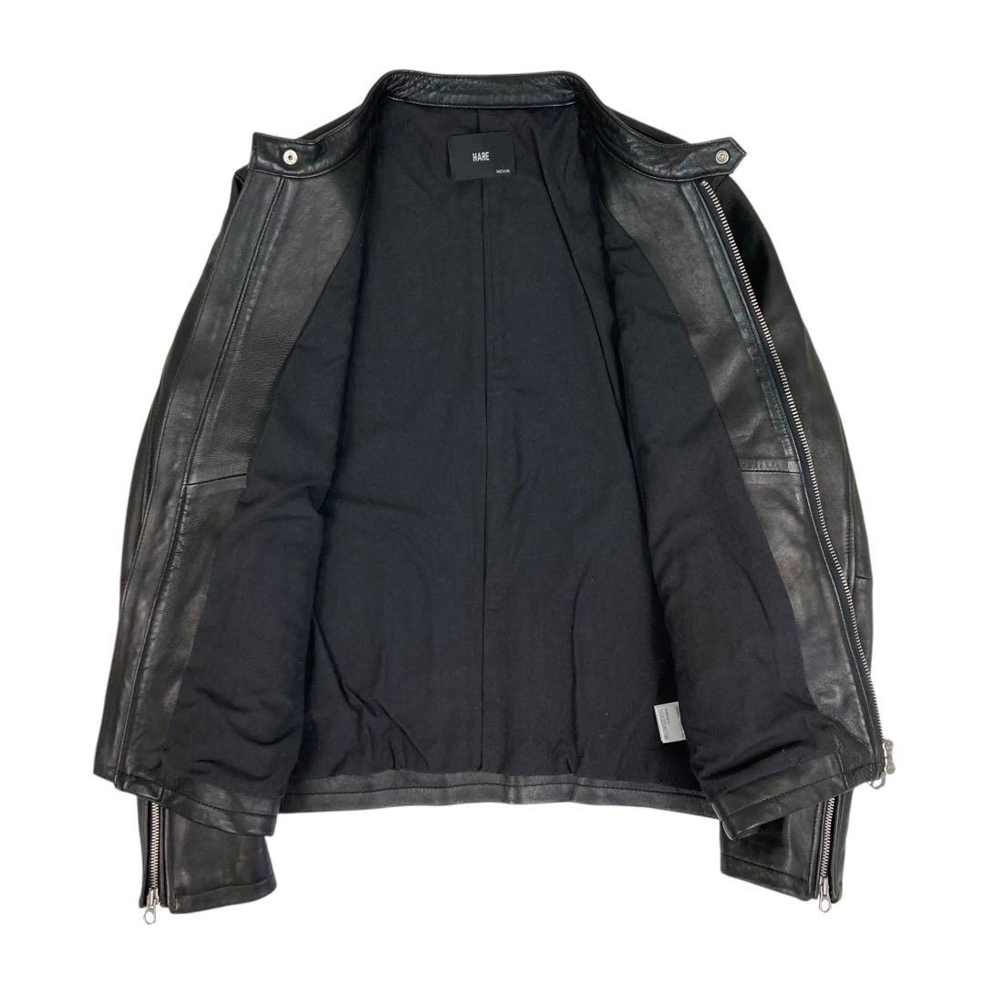 02M796◯ HARE ブラック 羊革 シングル ライダース レザージャケット