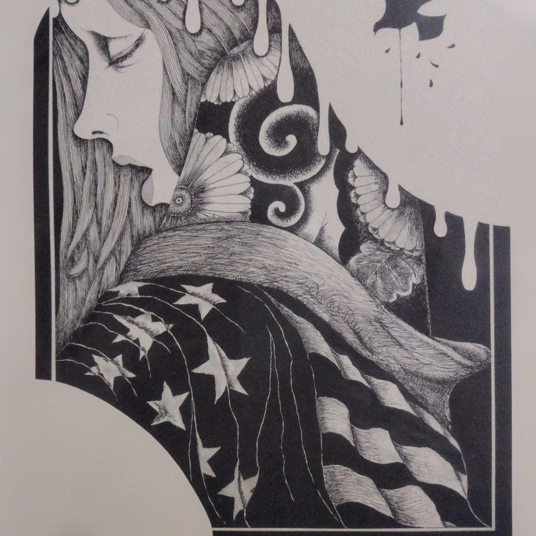女性と星条旗のリトグラフ　米倉斉加年　黒い鳩