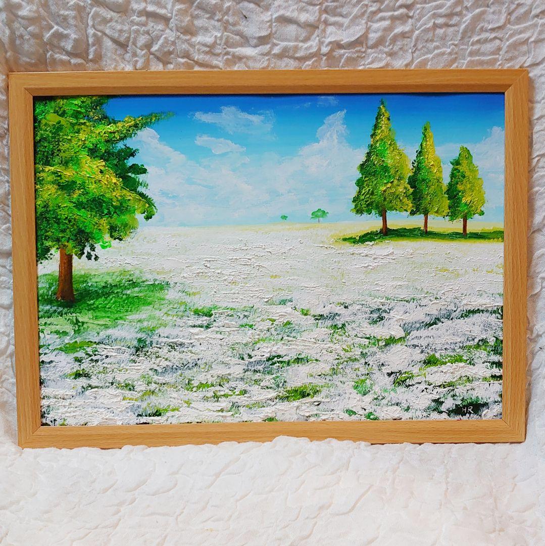 油絵 絵画 咲いた白の広場【Ａ3】