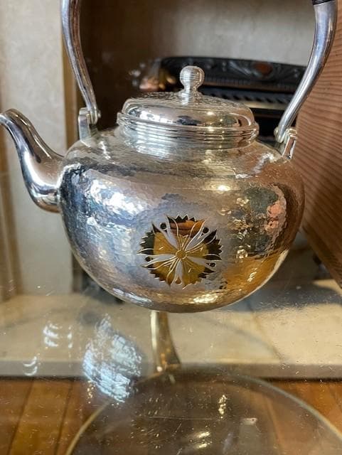 銀製 茶釜 花模様 木箱付き