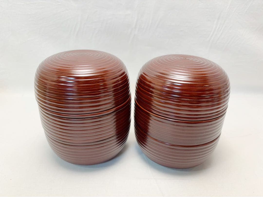 未使用 茶道具 木製溜塗 信玄三段弁当 2客 千筋 内朱 紙箱