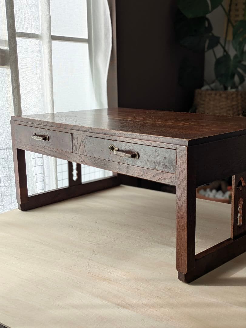 アンティーク　文机　レトロ　テーブル　机　木製　無垢　引き出し　昭和　大正