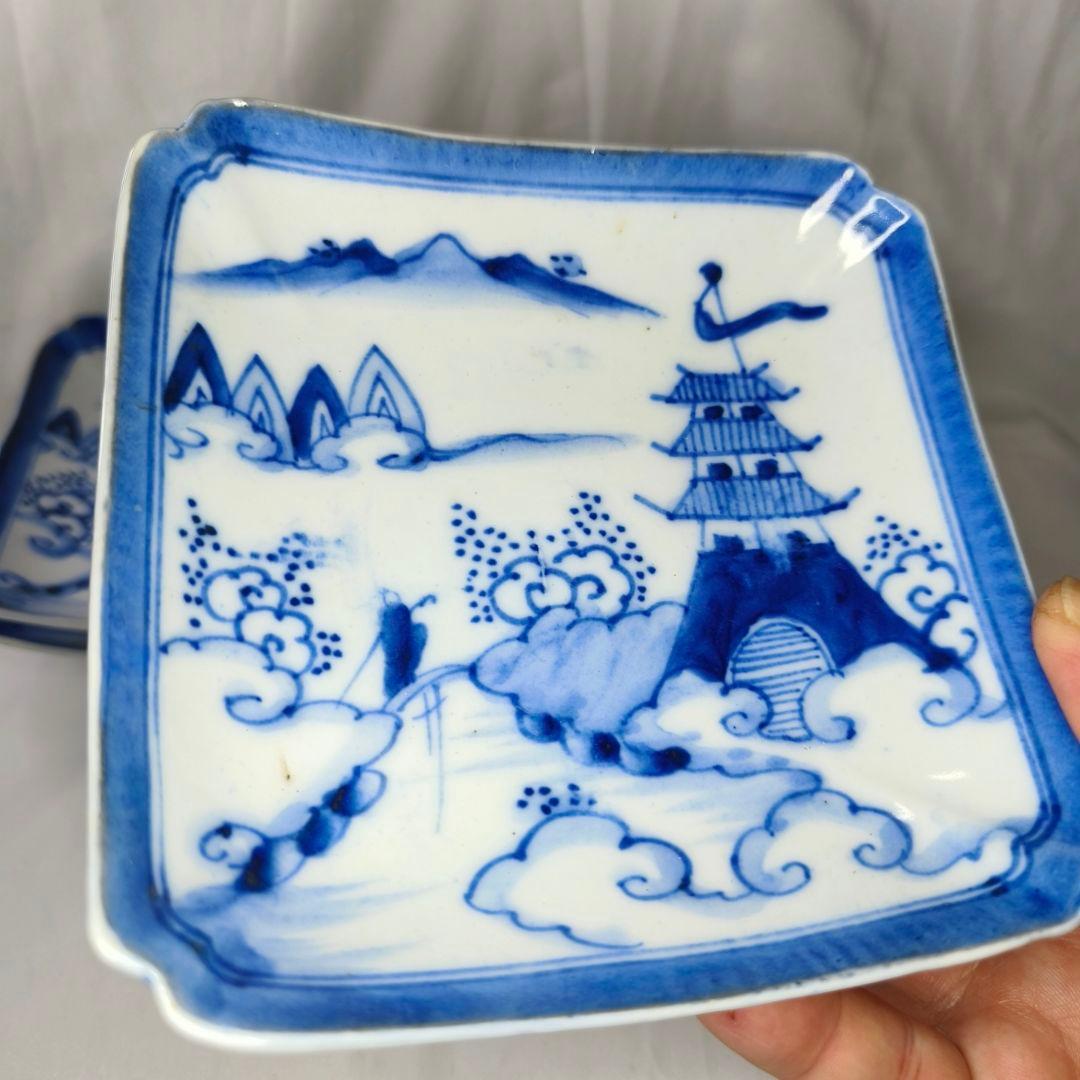 古伊万里 染付隅切り四方皿 手描き山水図 在銘 時代物 旧家蔵出し美品 骨董