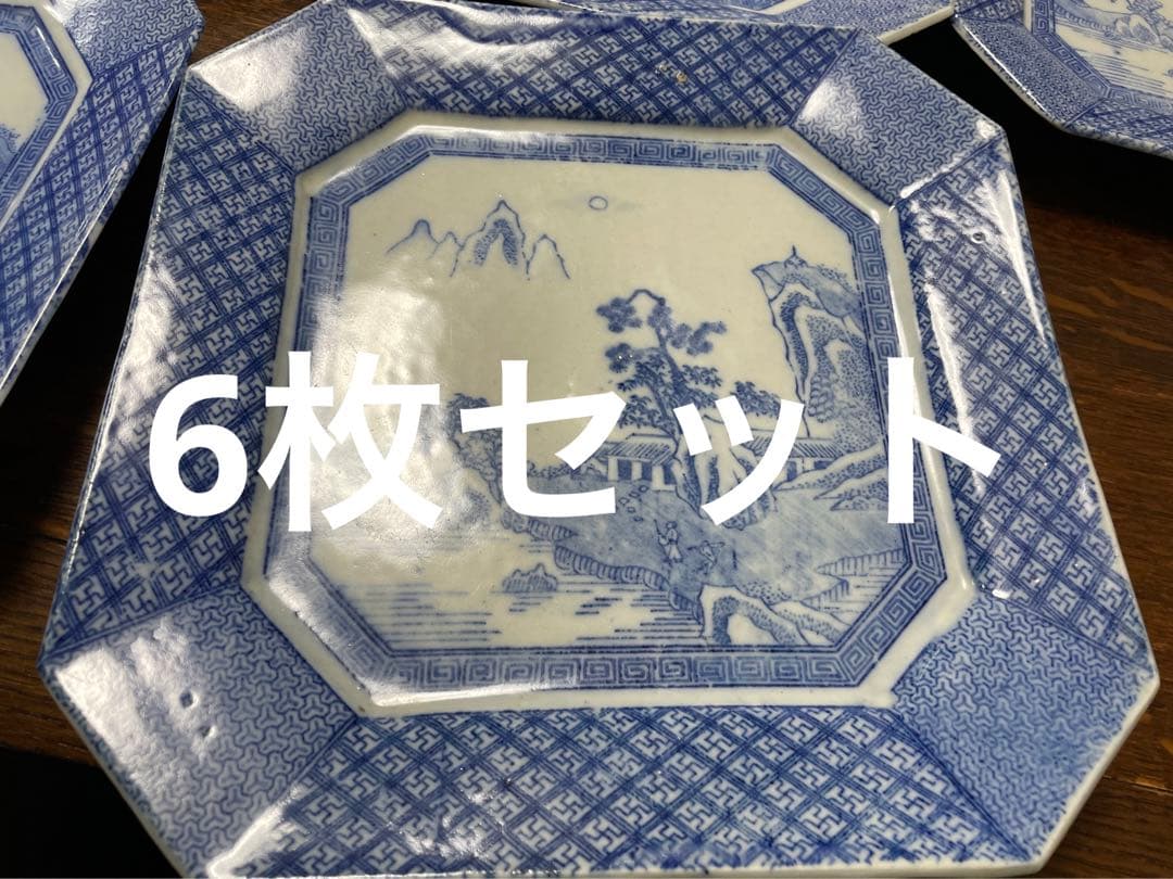 明治時代　古伊万里　染付　印判　染付　山水図　四方隅切大角皿　径27cm