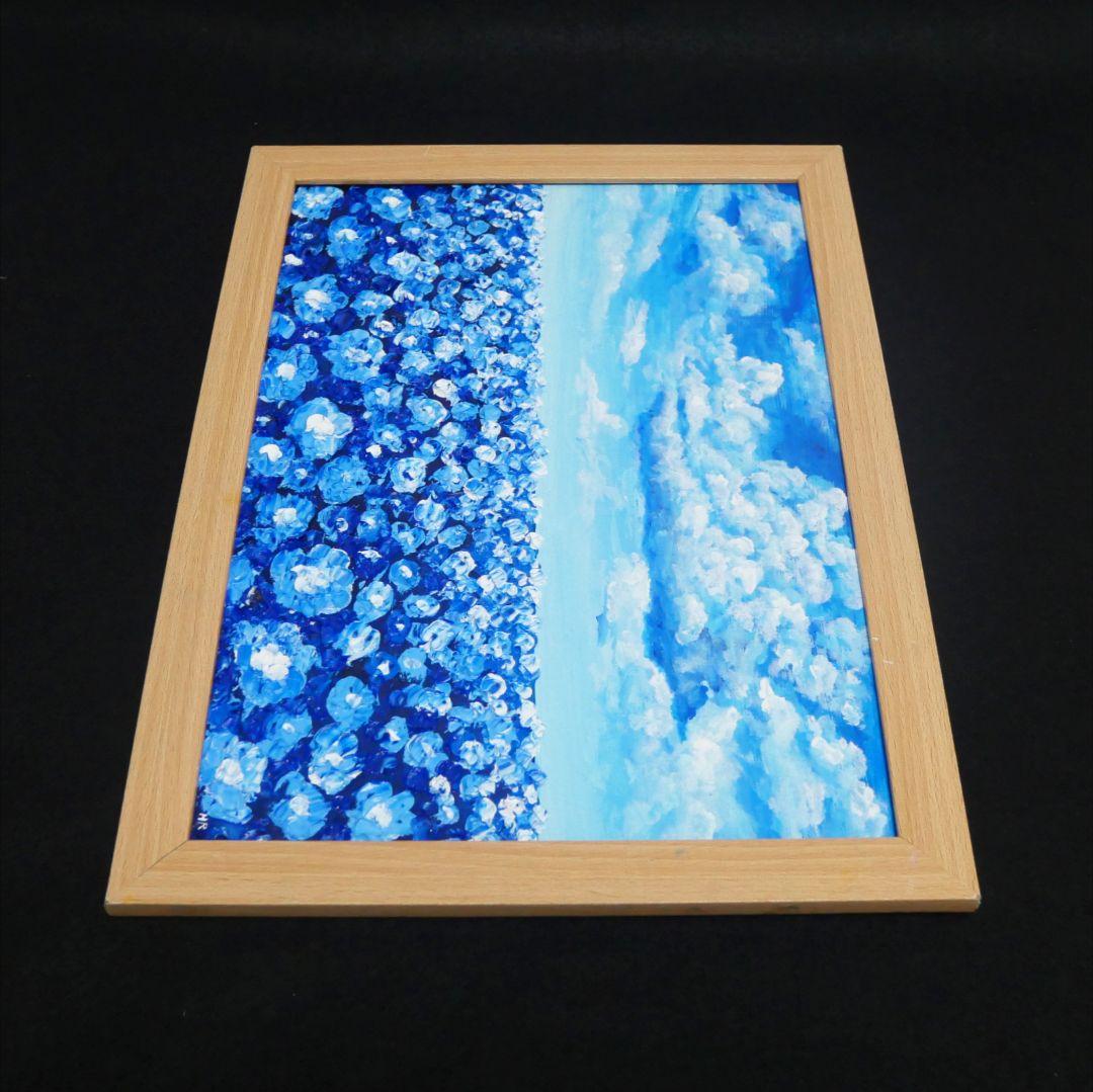 油絵 油彩 油彩画 絵 絵画【青空と雲のネモフィラ】