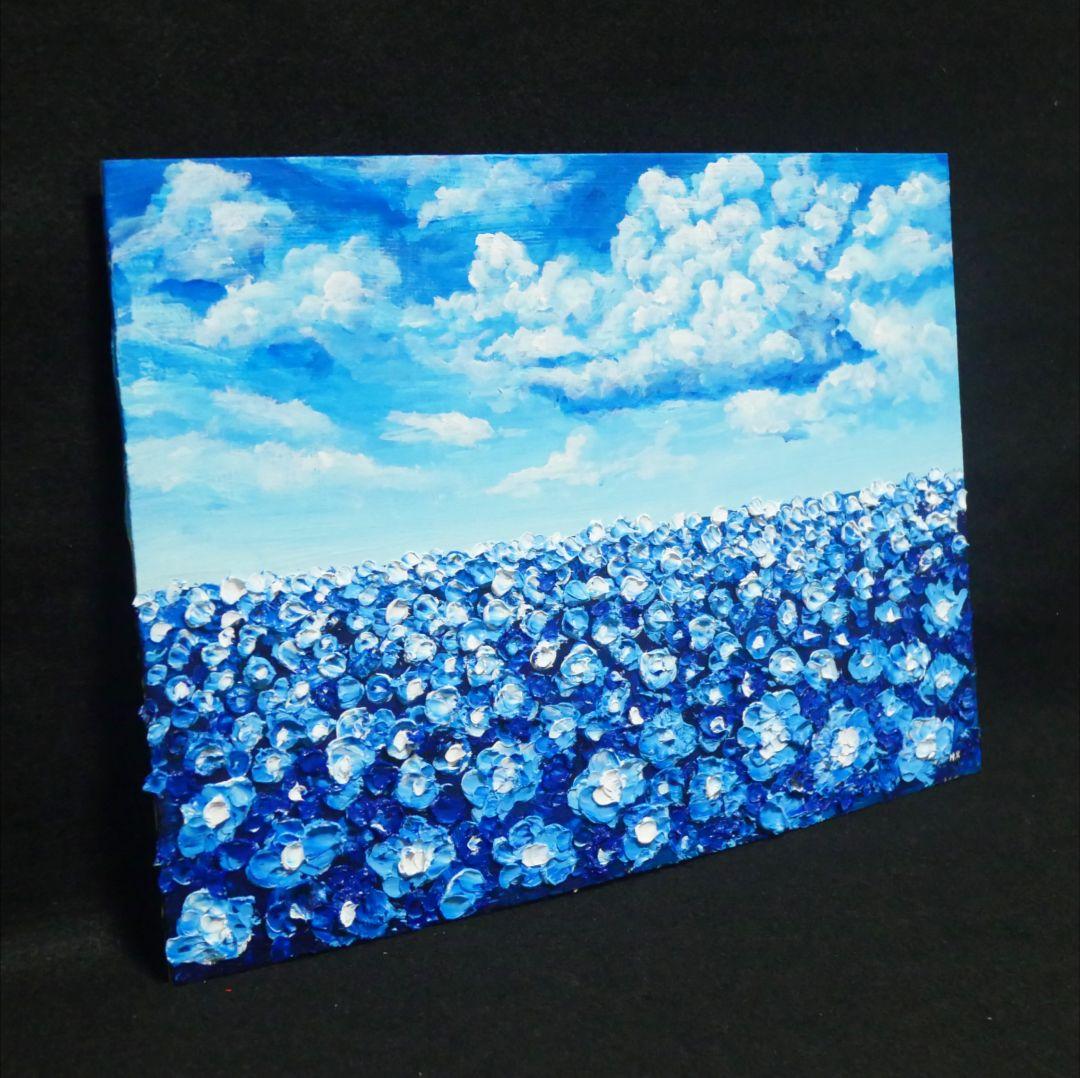油絵 油彩 油彩画 絵 絵画【青空と雲のネモフィラ】