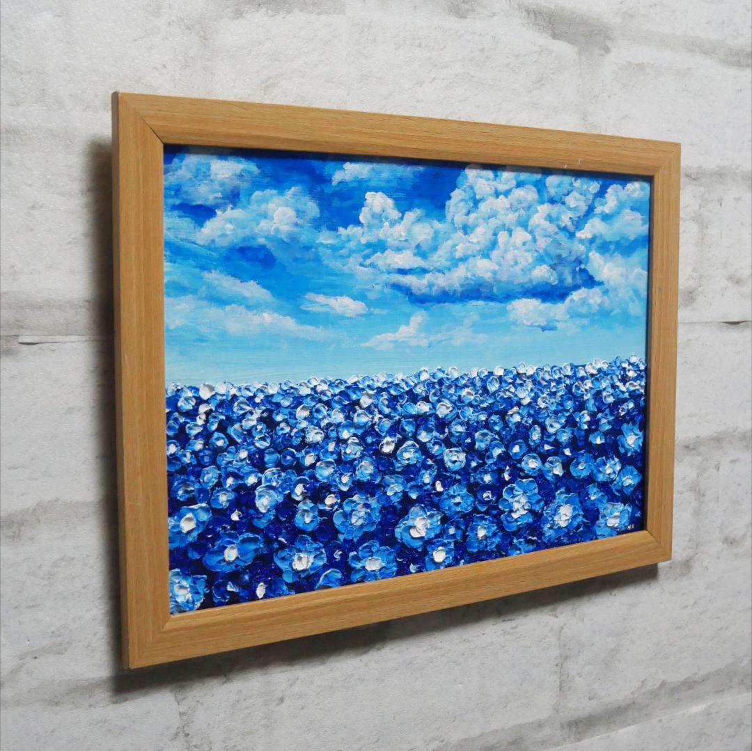 油絵 油彩 油彩画 絵 絵画【青空と雲のネモフィラ】