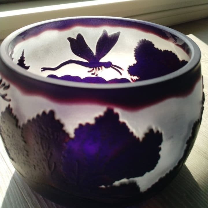 被せ硝子⭐︎アンティーク⭐︎ガレ調 ⭐︎蜻蛉文様 硝子鉢⭐︎水指茶道具、小物入れ