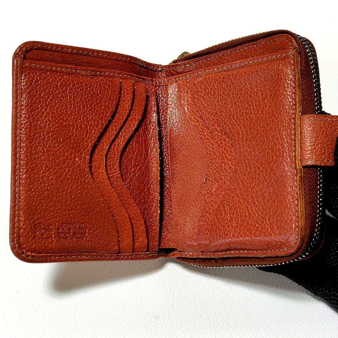 イルビゾンテ　折り財布　ブラウン　レザー　ラウンドファスナー　型押し　金ボタン