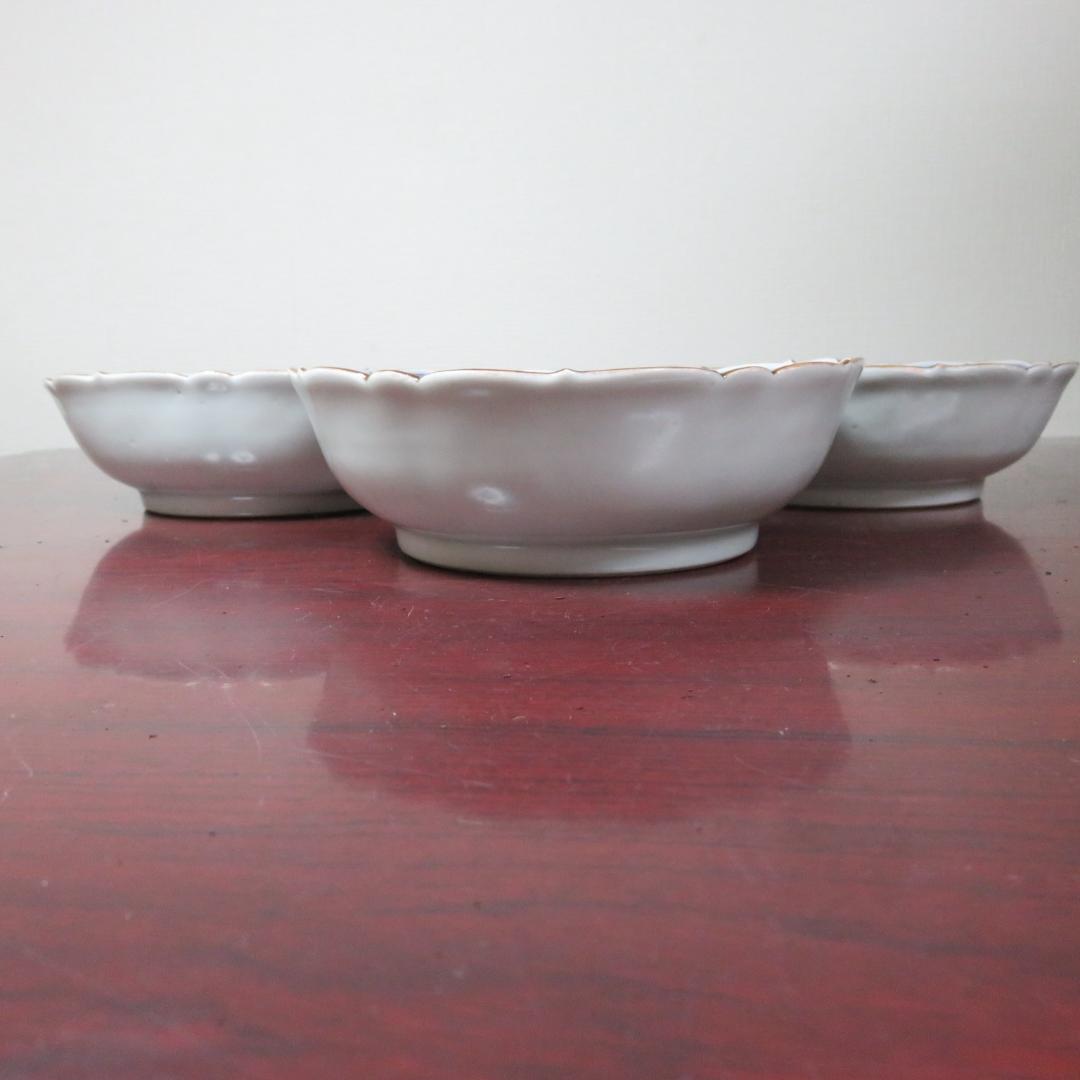 なます皿 鉢 3枚 染付 芙蓉手 花文様 花弁縁 銘 江戸 明治 美品