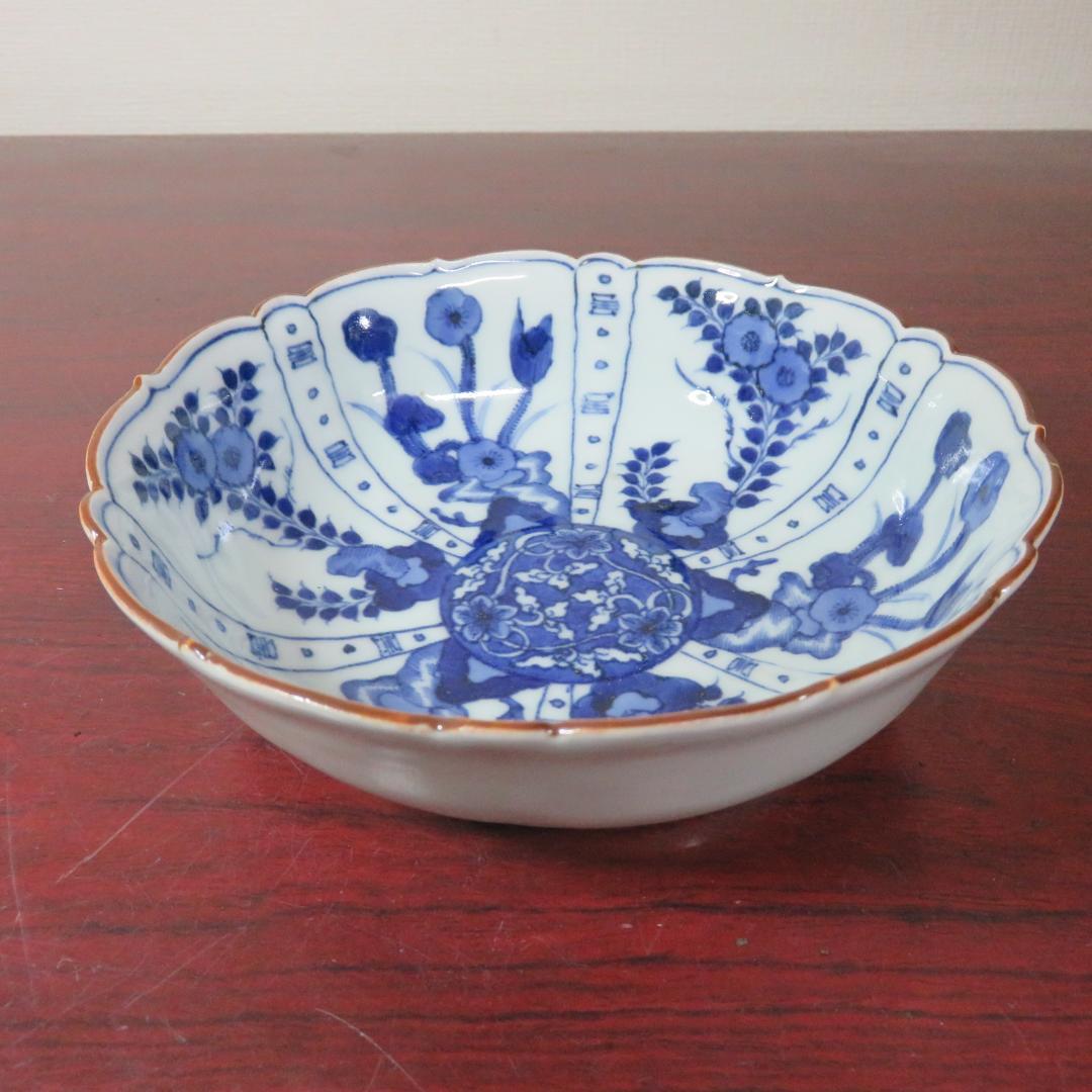 なます皿 鉢 3枚 染付 芙蓉手 花文様 花弁縁 銘 江戸 明治 美品