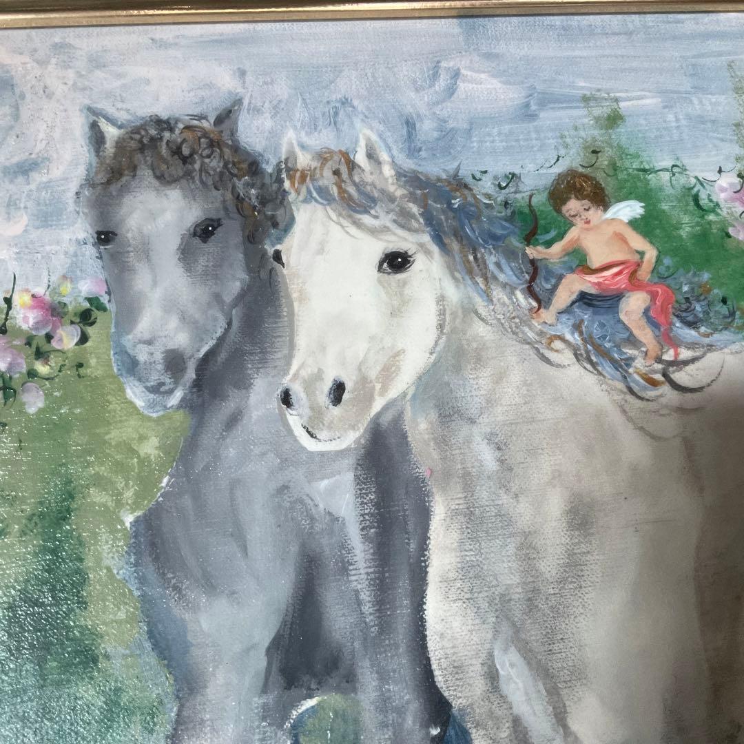絵画 油絵 板谷モア 二頭の馬とキューピッド 額装 サイン 限定作品