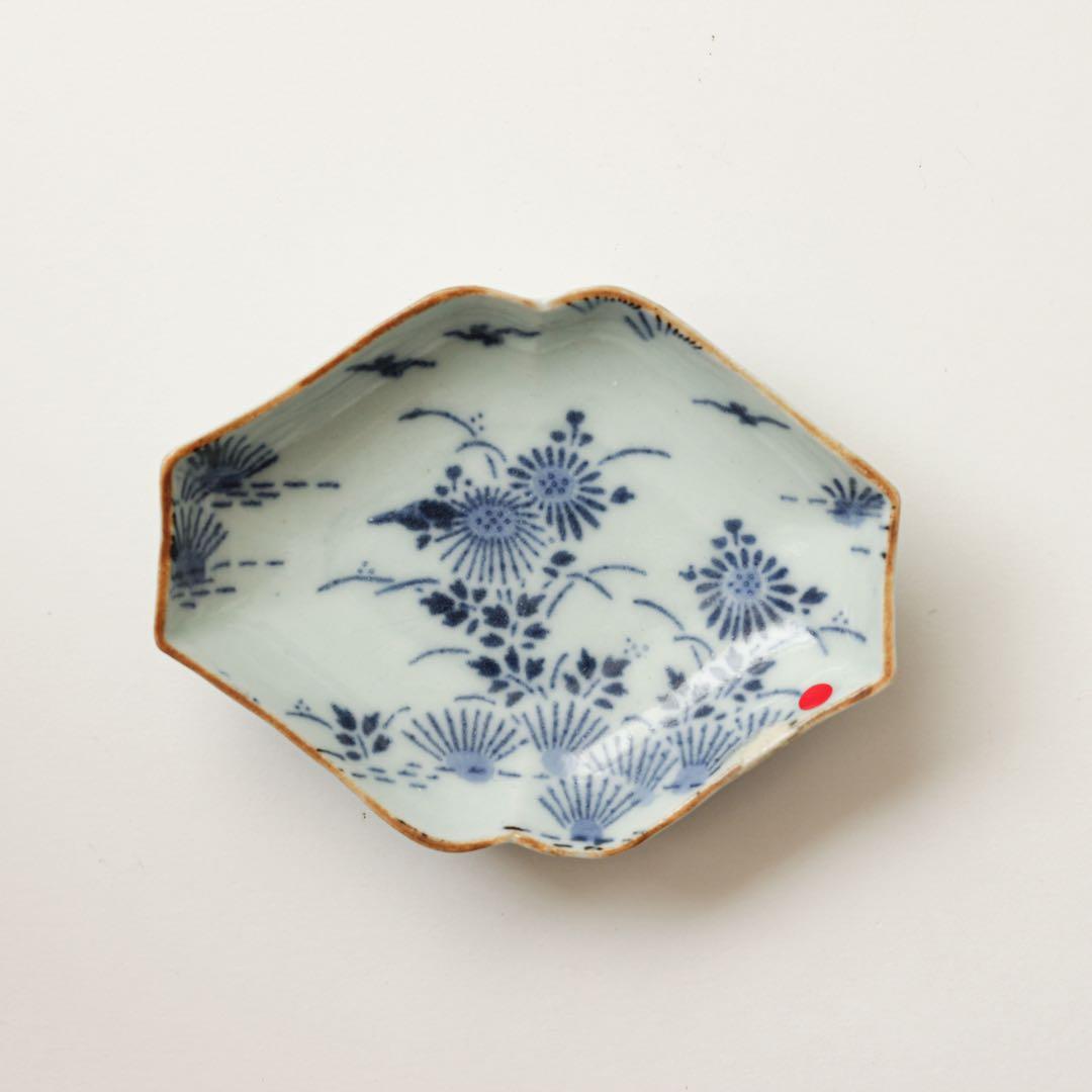 古伊万里　伊万里　江戸　中期　型紙摺　印判手　角入　菱形　変形皿　3客セット販売