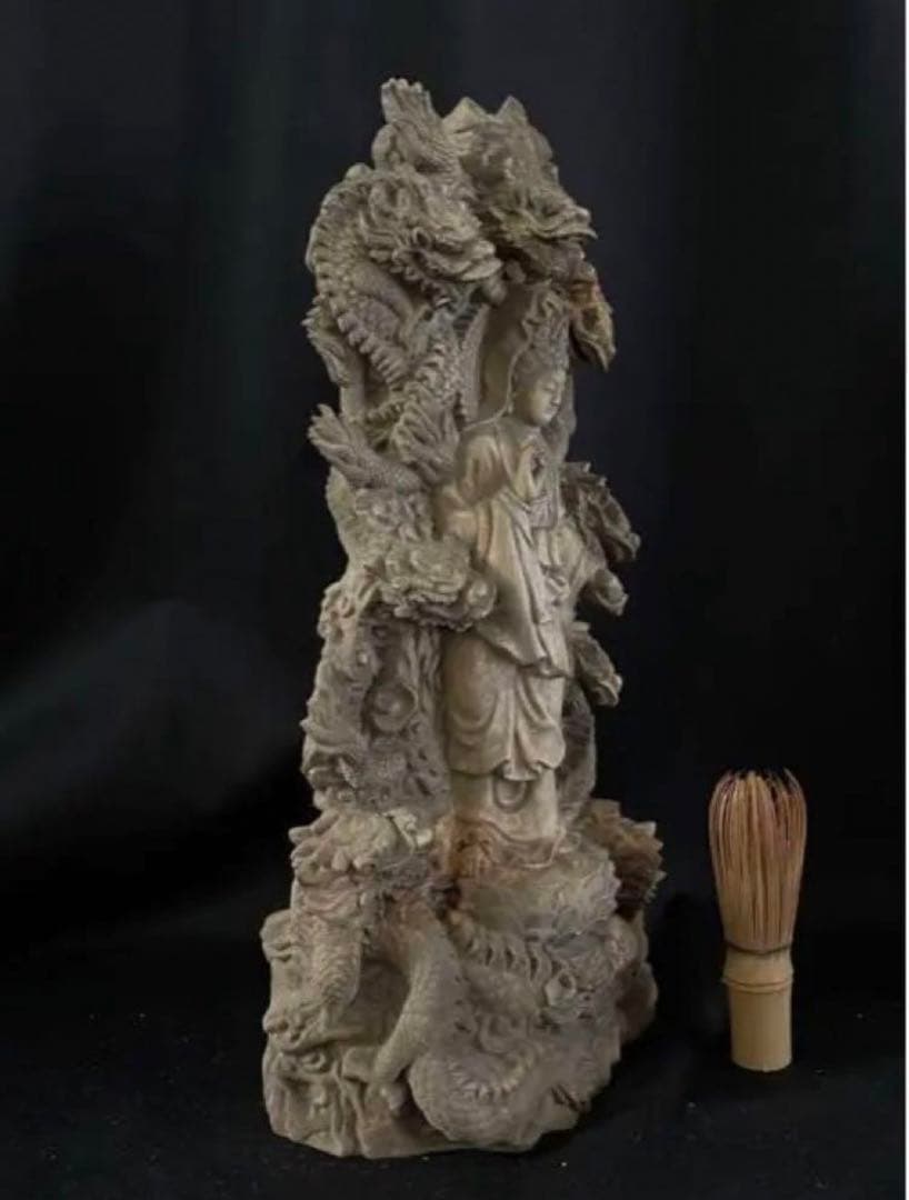 大型　高37cm 仏教工芸品　総楠製　井波彫刻　一刀彫　極上彫　九龍観音菩薩立像