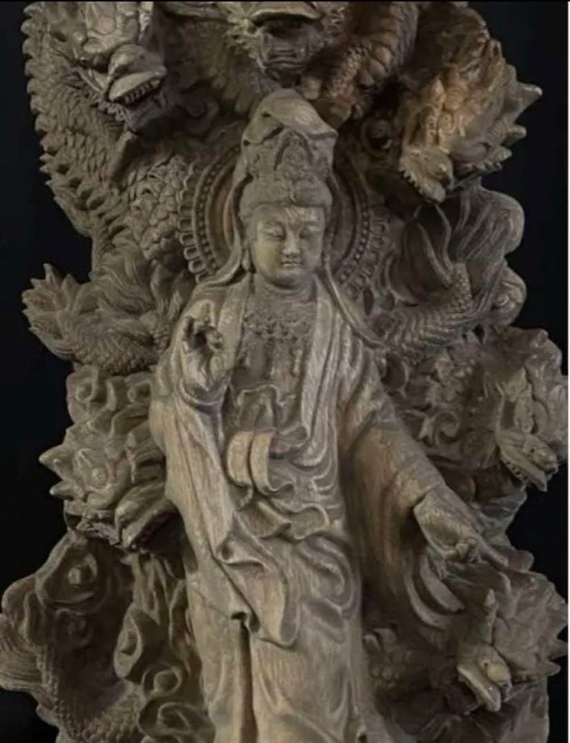 大型　高37cm 仏教工芸品　総楠製　井波彫刻　一刀彫　極上彫　九龍観音菩薩立像