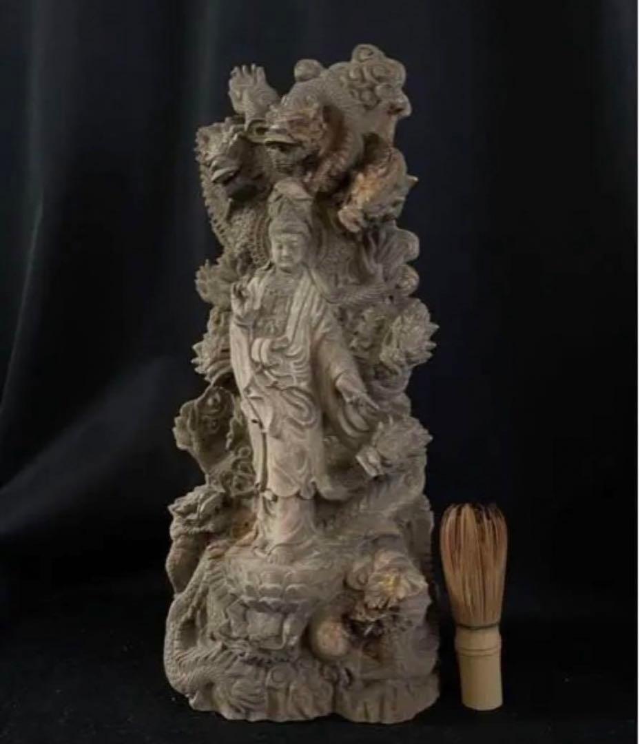大型　高37cm 仏教工芸品　総楠製　井波彫刻　一刀彫　極上彫　九龍観音菩薩立像