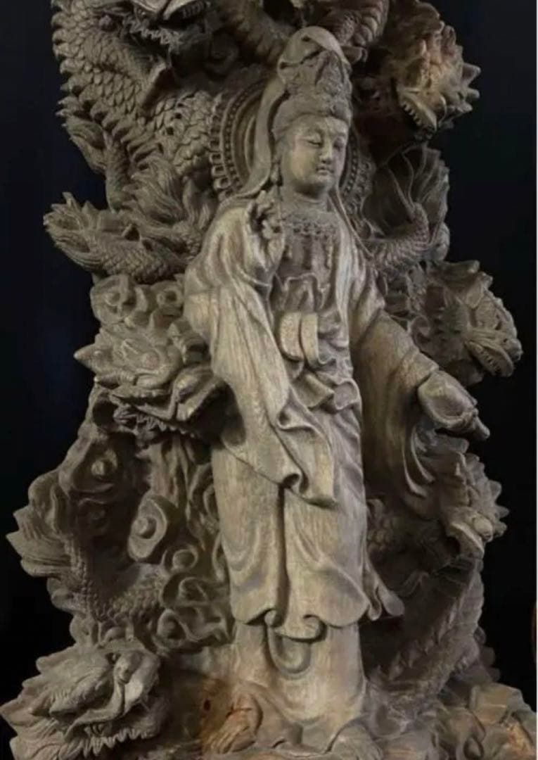 大型　高37cm 仏教工芸品　総楠製　井波彫刻　一刀彫　極上彫　九龍観音菩薩立像
