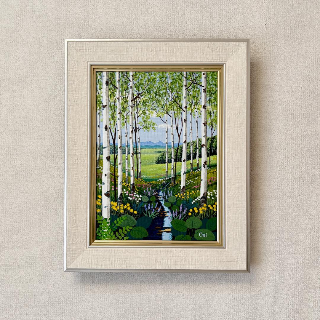 アクリル画　原画　「野花の咲くフィールド05」額縁付き　F4サイズ　風景画