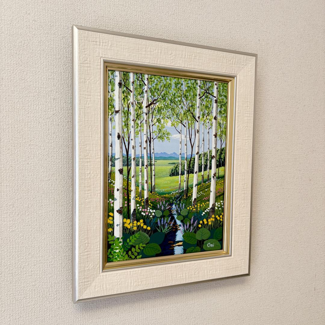 アクリル画　原画　「野花の咲くフィールド05」額縁付き　F4サイズ　風景画