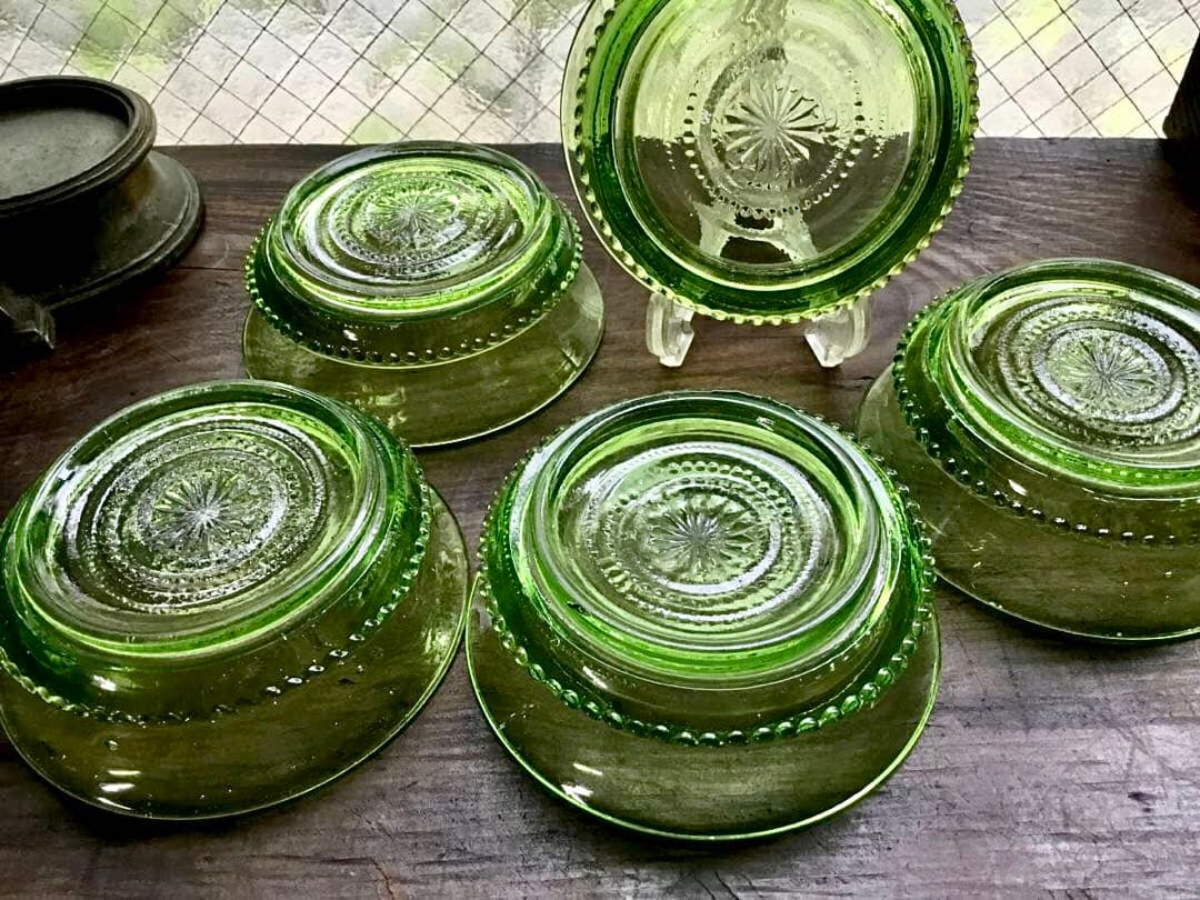 和ガラス◆ウランガラス / 小鉢 / ５個セット◆大正ロマン グリーン ボウル