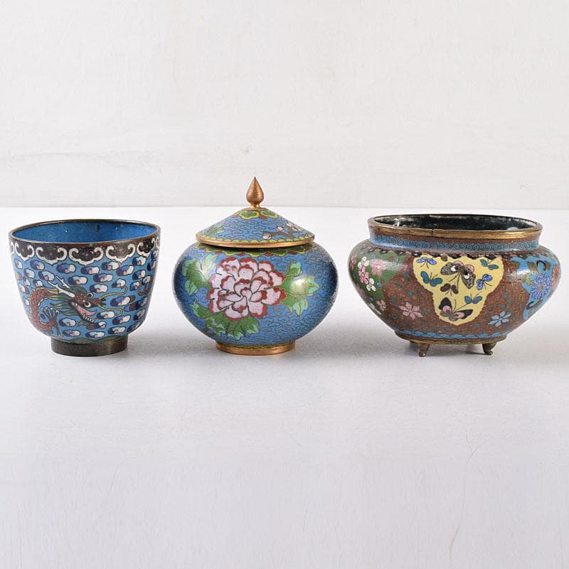 中国　古七宝琺瑯彩　花文　蓋爐　香炉　煎茶碗　3点まとめて　V　R8616