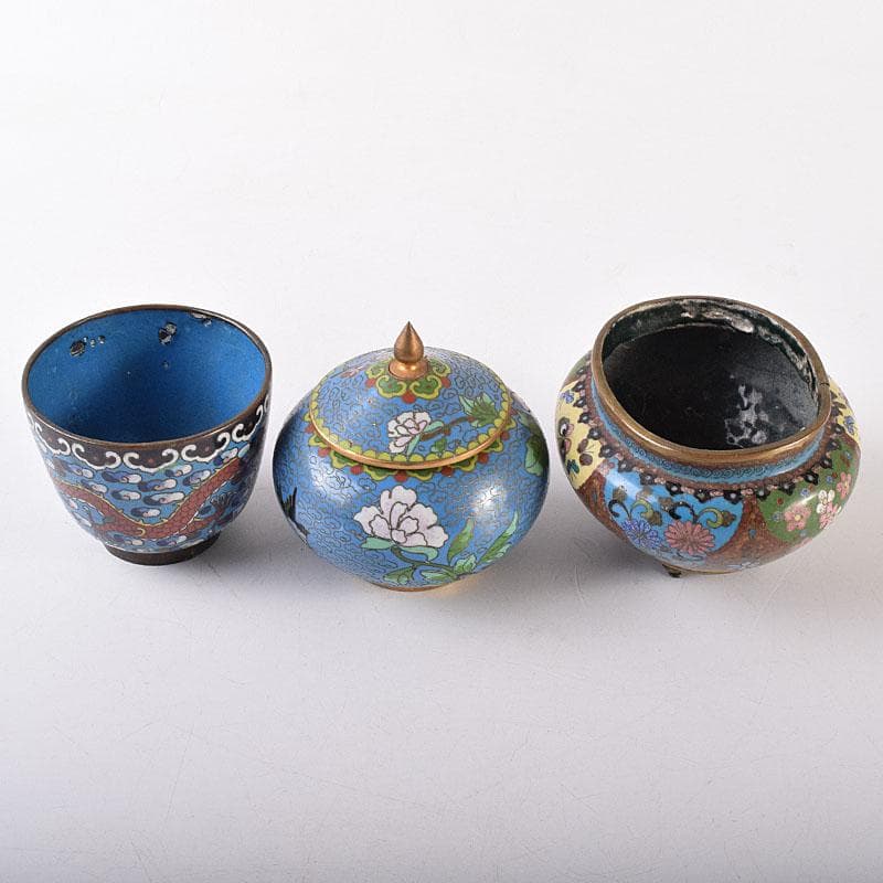 中国　古七宝琺瑯彩　花文　蓋爐　香炉　煎茶碗　3点まとめて　V　R8616