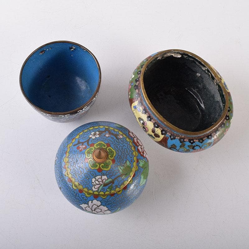 中国　古七宝琺瑯彩　花文　蓋爐　香炉　煎茶碗　3点まとめて　V　R8616