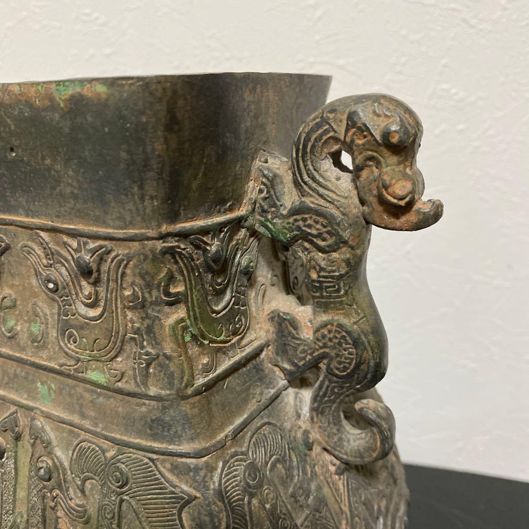 中国美術 青銅器 饕餮紋獣耳壷 花瓶 漢銅器