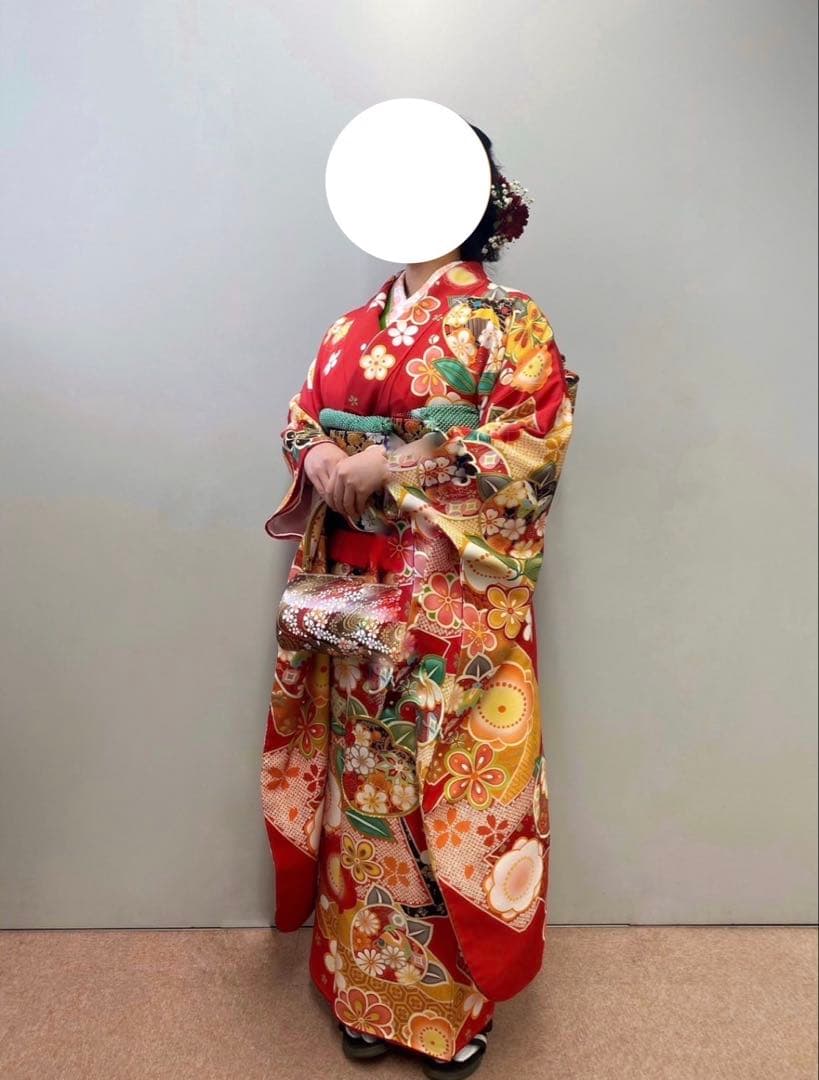 赤色 花柄 振袖 着物