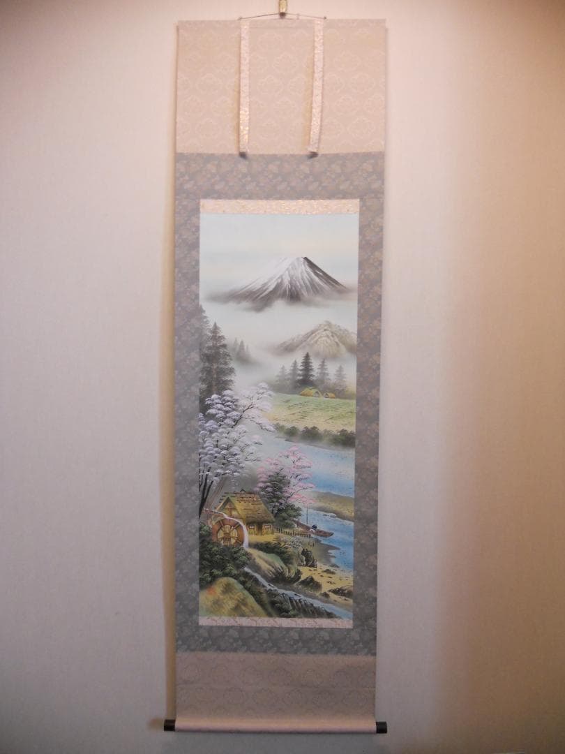 掛け軸 森契雪 富岳渓桜 絹本 希少 軸装 茶道具 掛軸 美品 です。