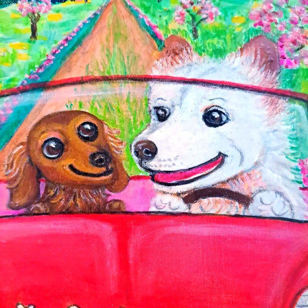 キャンバス油絵 専用　リップちゃんとシロちゃんの仲良しドライブ♪大きいキャンバス