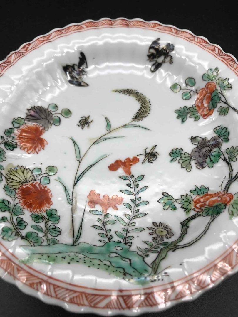 中国古美術　清康煕時代　花模様銘入り　粉彩花鳥紋皿　旧家コレクション(A-10)