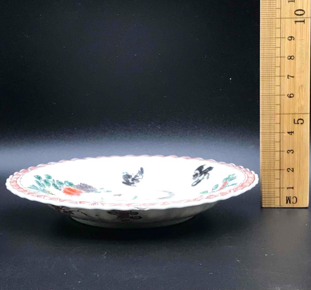 中国古美術　清康煕時代　花模様銘入り　粉彩花鳥紋皿　旧家コレクション(A-10)