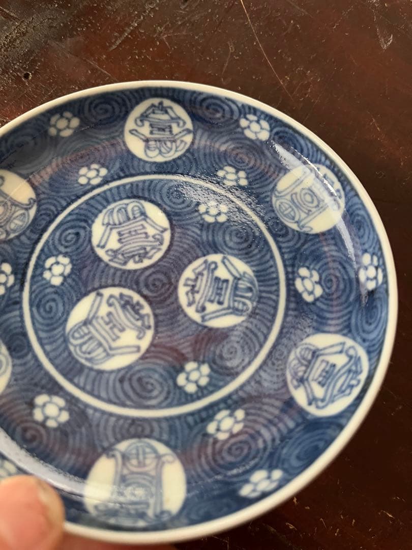 a！２点おまとめ！古伊万里　染付　白抜き　吉祥文字　渦巻文尽　蓋付茶碗