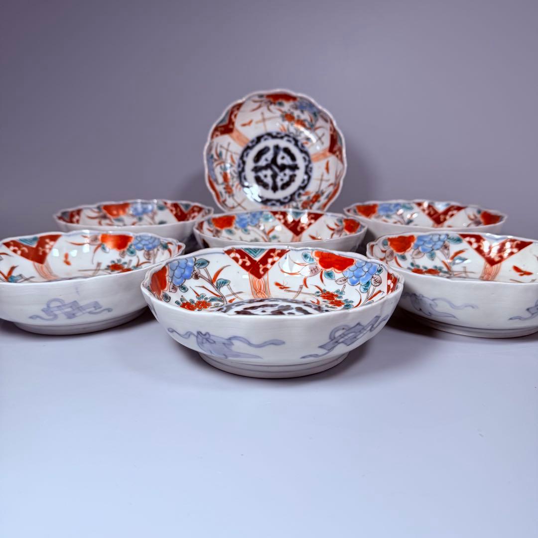 江戸期　古伊万里　染錦花蝶図膾皿　七客　なます皿　古器を楽しむ　料理屋　収集家