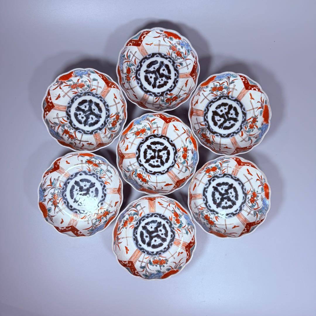 江戸期　古伊万里　染錦花蝶図膾皿　七客　なます皿　古器を楽しむ　料理屋　収集家